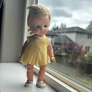 Vintage HORSMAN DOLLS INC 1966 sleepy eyes 10” doll. Has buttons to move head.